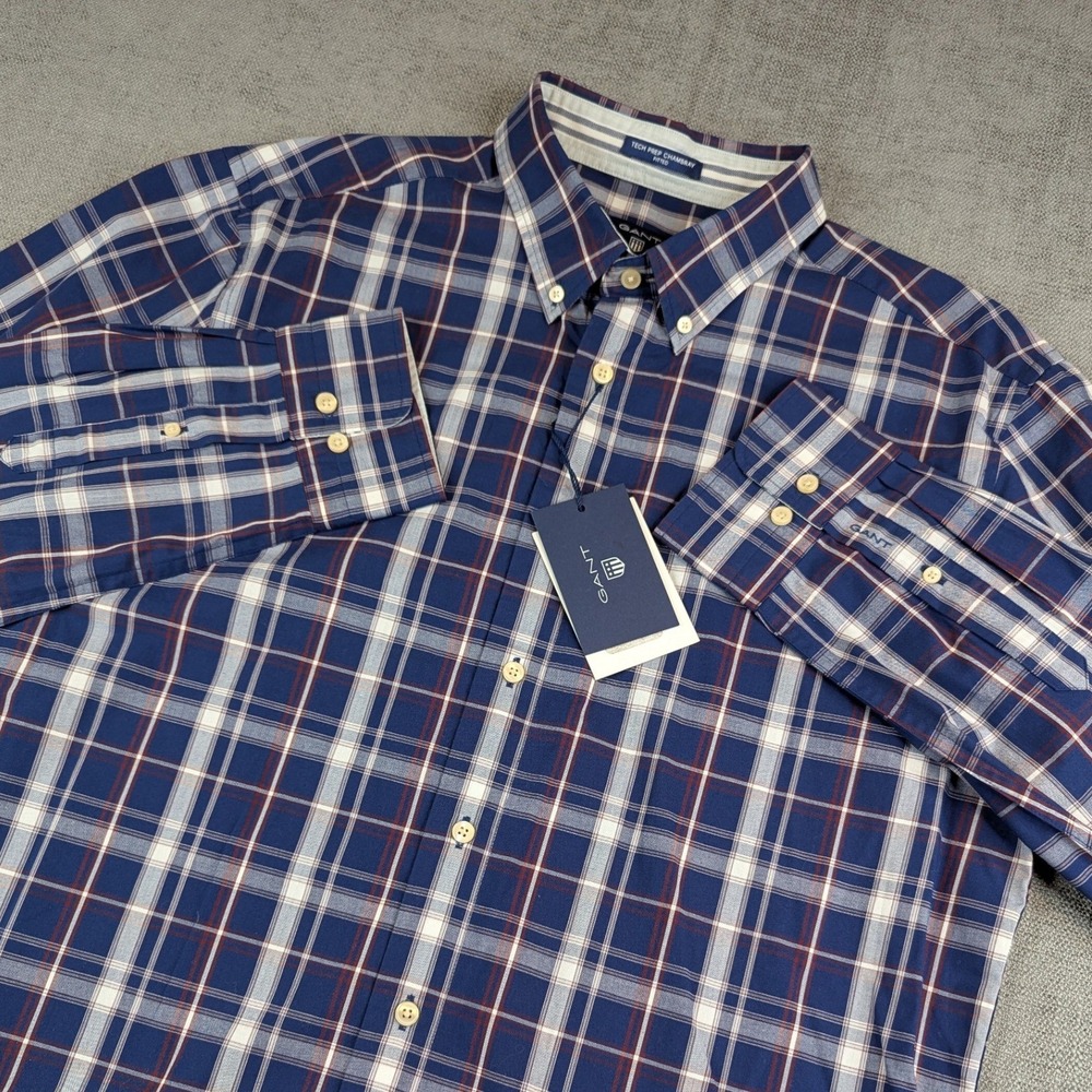 Gant Shirt Mens XL Plaid Tech Prep Chambray Fitted Long Sleeve Button Down NWT